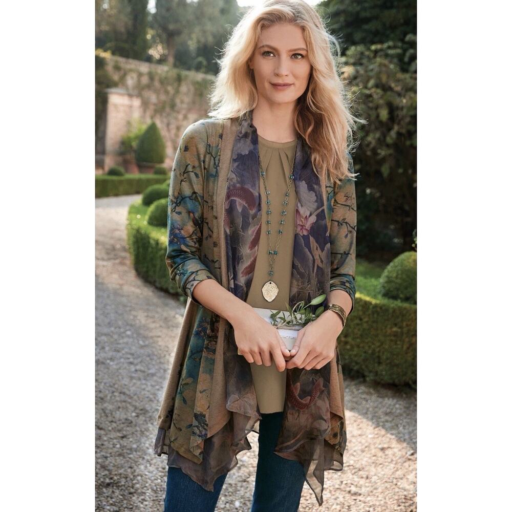 Soft Surroundings Cardigan Tea Gardens Topper Brown Bird Floral 2BZ08 XL cottage View 4